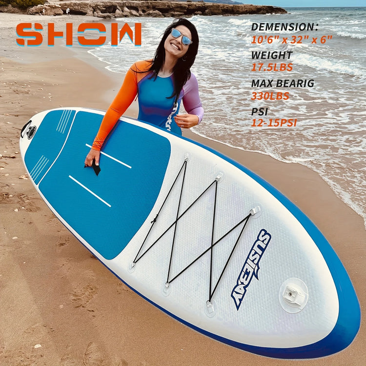 Inflatable paddle board and ISUP accessory set, designed for exploration and sightseeing, durable, lightweight, and stable with a wide sole, capable of bearing 300 pounds