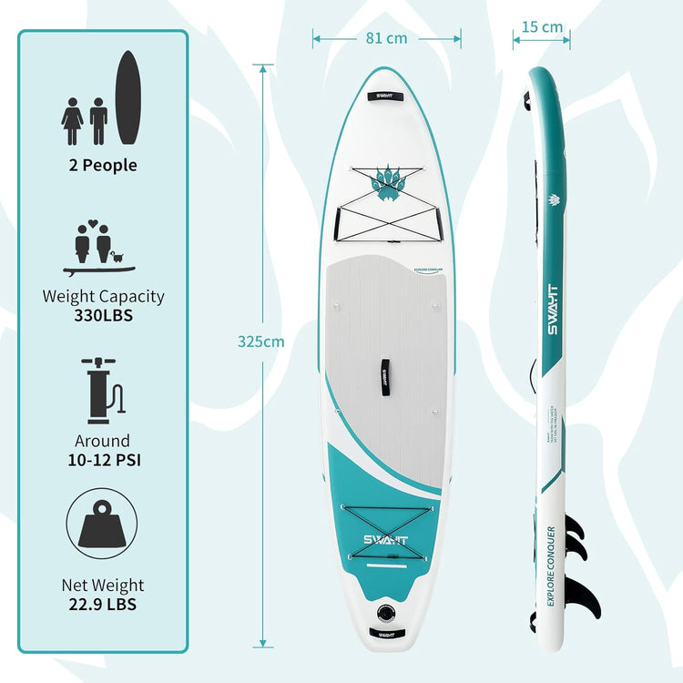 11' Inflatable Stand Up Paddle Board – Durable SUP with Adjustable Paddle,Dual Action Pump, Carry Bag, Ankle Leash, Non-Slip EVA Deck – All Skill Levels