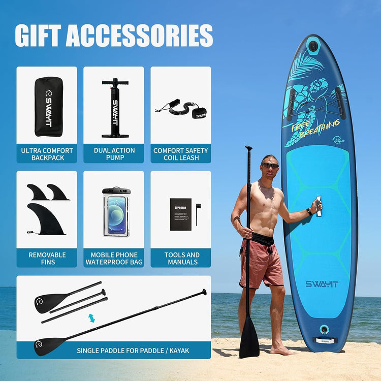 Turtle Deep Blue Inflatable Stand Up Paddle Board – Durable SUP with Adjustable Paddle,Dual Action Pump, Carry Bag, Ankle Leash, Non-Slip EVA Deck – All Skill Levels