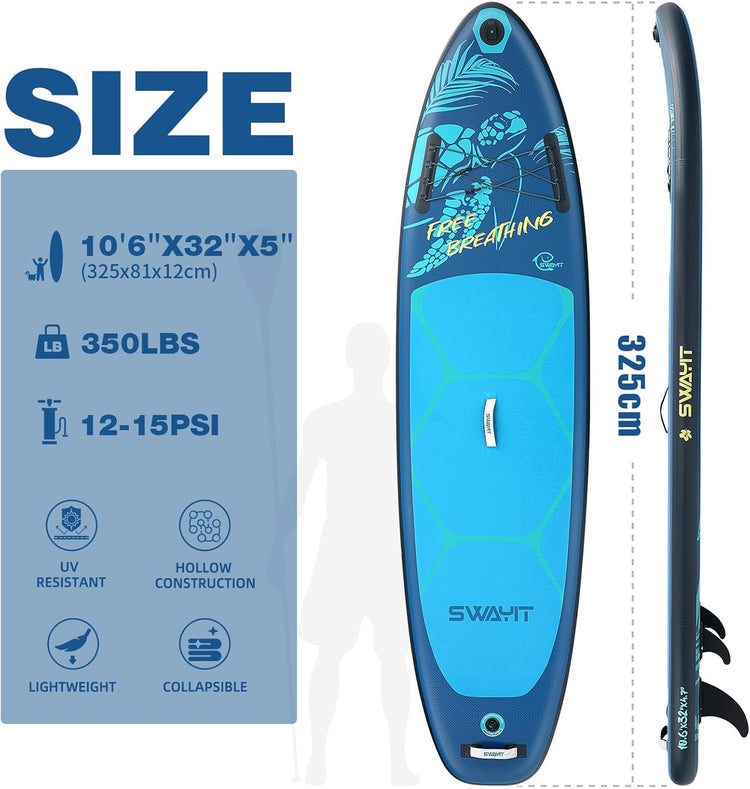Turtle Deep Blue Inflatable Stand Up Paddle Board – Durable SUP with Adjustable Paddle,Dual Action Pump, Carry Bag, Ankle Leash, Non-Slip EVA Deck – All Skill Levels