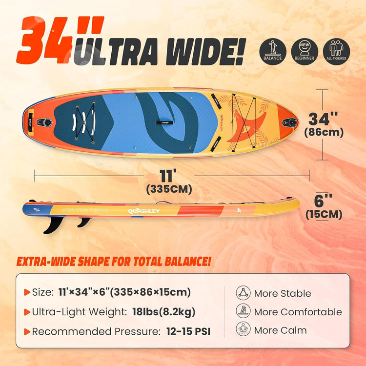 Quashley Inflatable Paddle Board 11ft×34 inch Extra Wider Stand Up Paddle Board Stable Inflatable SUP with 10L Waterproof Bag,Pump,Paddle,3 Removable Fins and Portable Backpack