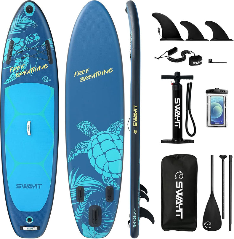 Turtle Deep Blue Inflatable Stand Up Paddle Board – Durable SUP with Adjustable Paddle,Dual Action Pump, Carry Bag, Ankle Leash, Non-Slip EVA Deck – All Skill Levels