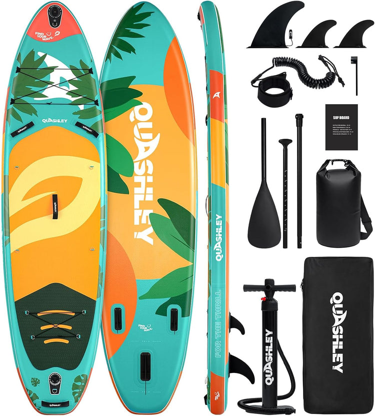 Quashley Inflatable Paddle Board 11ft×34 inch Extra Wider Stand Up Paddle Board Stable Inflatable SUP with 10L Waterproof Bag,Pump,Paddle,3 Removable Fins and Portable Backpack