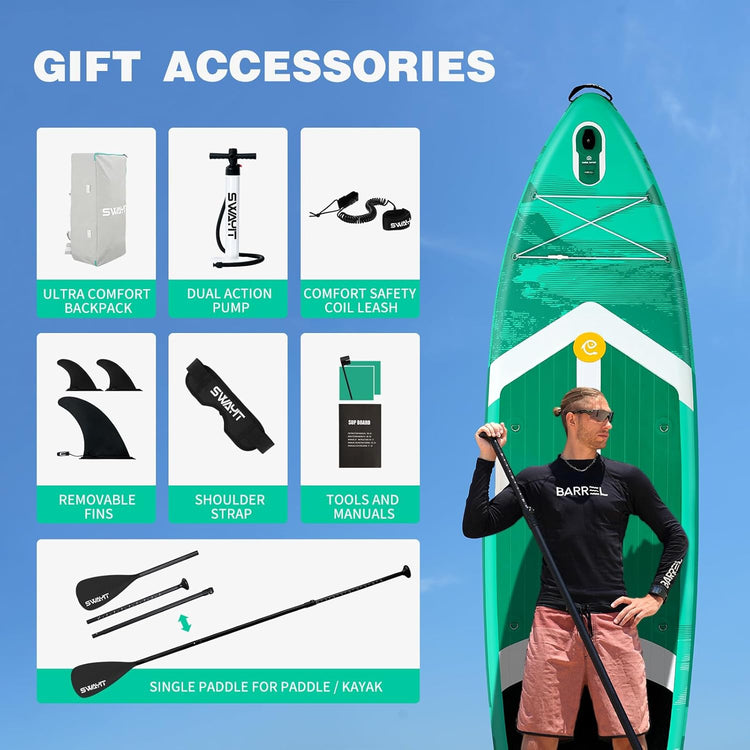 Light Green Inflatable Stand Up Paddle Board – Durable SUP with Adjustable Paddle,Dual Action Pump, Carry Bag, Ankle Leash, Non-Slip EVA Deck – All Skill Levels