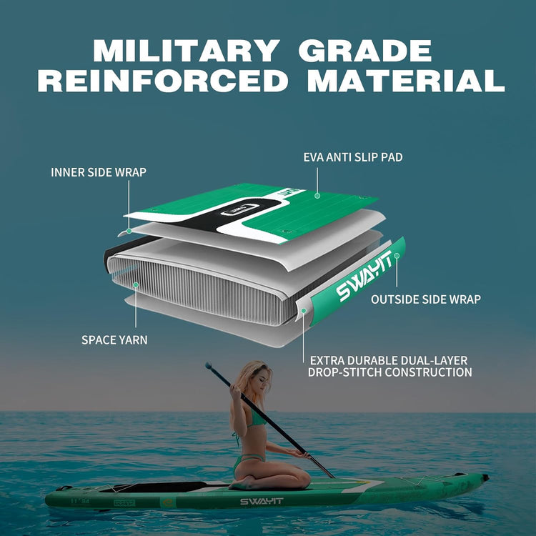 Light Green Inflatable Stand Up Paddle Board – Durable SUP with Adjustable Paddle,Dual Action Pump, Carry Bag, Ankle Leash, Non-Slip EVA Deck – All Skill Levels