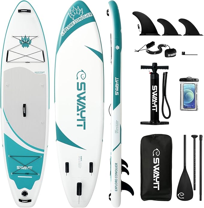 11' Inflatable Stand Up Paddle Board – Durable SUP with Adjustable Paddle,Dual Action Pump, Carry Bag, Ankle Leash, Non-Slip EVA Deck – All Skill Levels