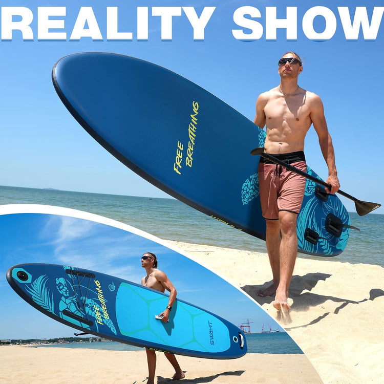 Turtle Deep Blue Inflatable Stand Up Paddle Board – Durable SUP with Adjustable Paddle,Dual Action Pump, Carry Bag, Ankle Leash, Non-Slip EVA Deck – All Skill Levels