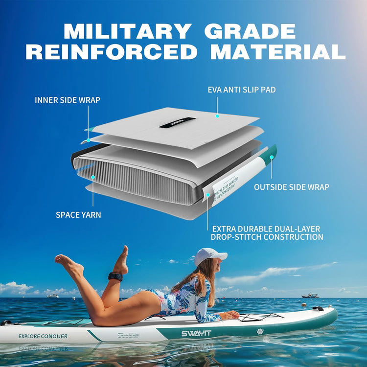 11' Inflatable Stand Up Paddle Board – Durable SUP with Adjustable Paddle,Dual Action Pump, Carry Bag, Ankle Leash, Non-Slip EVA Deck – All Skill Levels