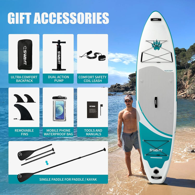 11' Inflatable Stand Up Paddle Board – Durable SUP with Adjustable Paddle,Dual Action Pump, Carry Bag, Ankle Leash, Non-Slip EVA Deck – All Skill Levels