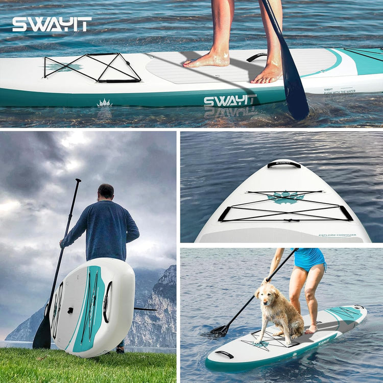 11' Inflatable Stand Up Paddle Board – Durable SUP with Adjustable Paddle,Dual Action Pump, Carry Bag, Ankle Leash, Non-Slip EVA Deck – All Skill Levels