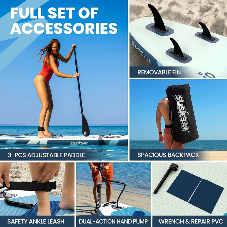 Tabla de paddle surf inflable con accesorios SUP, tabla de paddle surf inflable extra ancha, cubierta de EVA antideslizante, bomba de doble acción, 2+1 aletas extraíbles para jóvenes y adultos