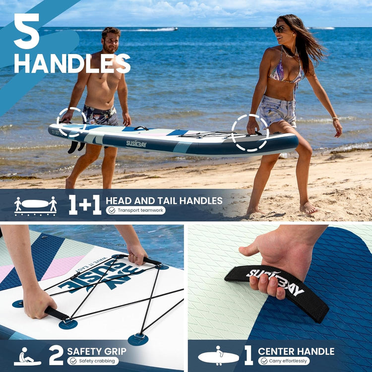 Tabla de paddle surf inflable con accesorios SUP, tabla de paddle surf inflable extra ancha, cubierta de EVA antideslizante, bomba de doble acción, 2+1 aletas extraíbles para jóvenes y adultos