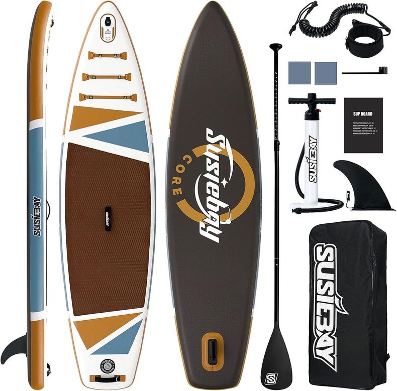 brown inflatable Stand Up Paddle Board with SUP Accessories,Inflatable Paddle Boards for Adults & Youth, Anti-Slip EVA Deck,Wide Stance,Dual Action Pump,108L Backpack