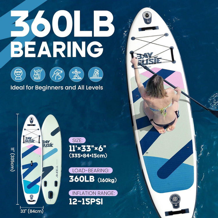 Tabla de paddle surf inflable con accesorios SUP, tabla de paddle surf inflable extra ancha, cubierta de EVA antideslizante, bomba de doble acción, 2+1 aletas extraíbles para jóvenes y adultos