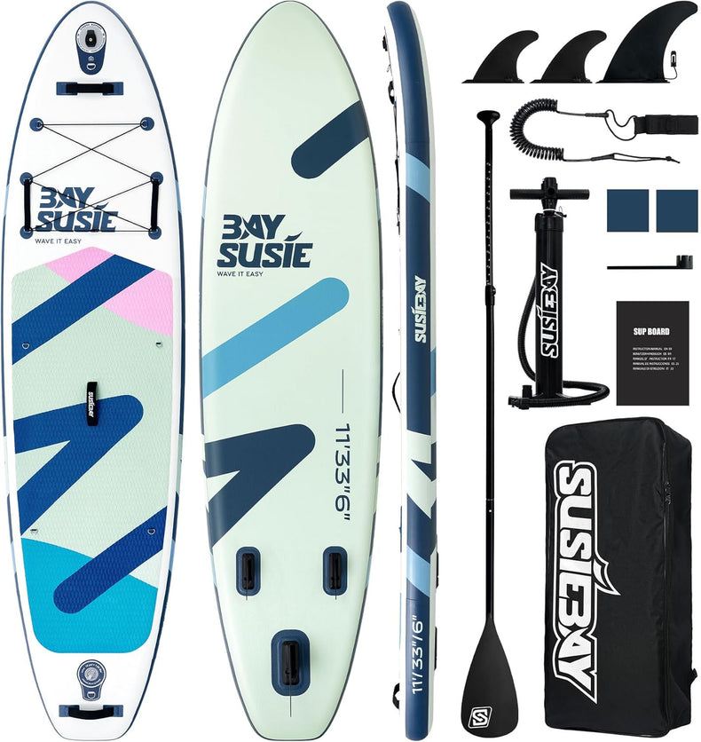 Tabla de paddle surf inflable con accesorios SUP, tabla de paddle surf inflable extra ancha, cubierta de EVA antideslizante, bomba de doble acción, 2+1 aletas extraíbles para jóvenes y adultos