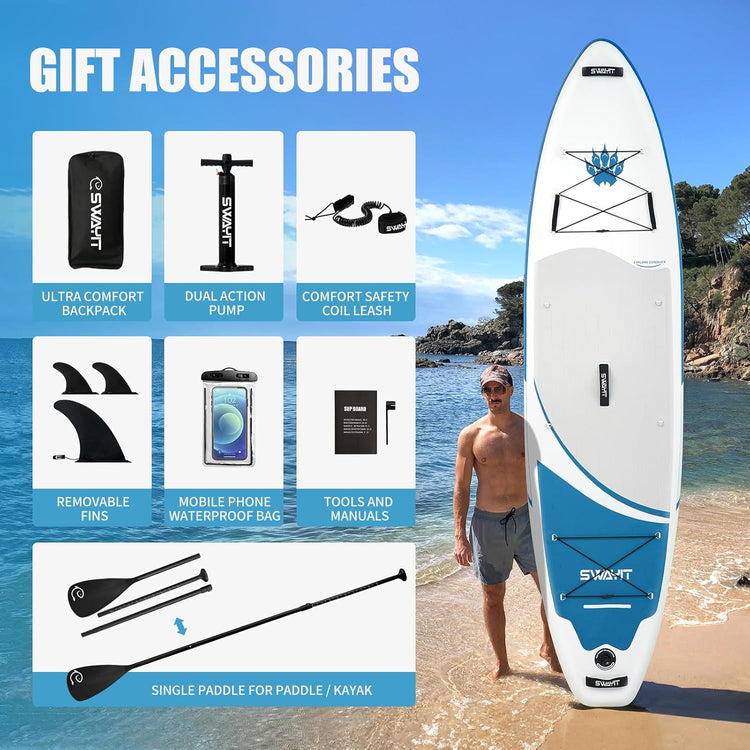 Inflatable Stand Up Paddle Board – Durable SUP with Adjustable Paddle,Dual Action Pump, Carry Bag, Ankle Leash, Non-Slip EVA Deck – All Skill Levels