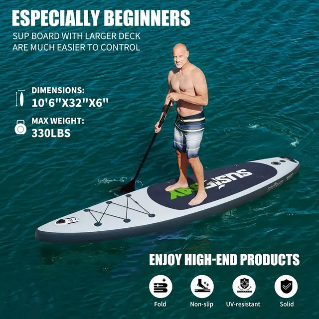 Adult inflatable upright paddleboard, 10.6ft inflatable yoga board, super surfboard with multiple accessories, multi-layer deck, travel backpack, wide upright position suitable for various scenarios, maximum weight capacity of 300 pounds.