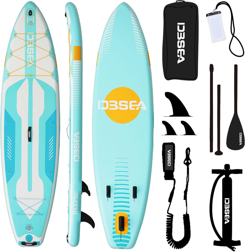 11' Yoga & Fishing Inflatable Paddle Board, Wide Stable SUP with Adj Paddle – Ideal for Beginners,