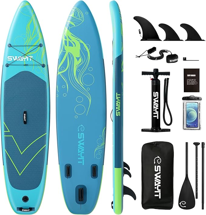 Jellyfish Yellow Inflatable Stand Up Paddle Board – Durable SUP with Adjustable Paddle,Dual Action Pump, Carry Bag, Ankle Leash, Non-Slip EVA Deck – All Skill Levels