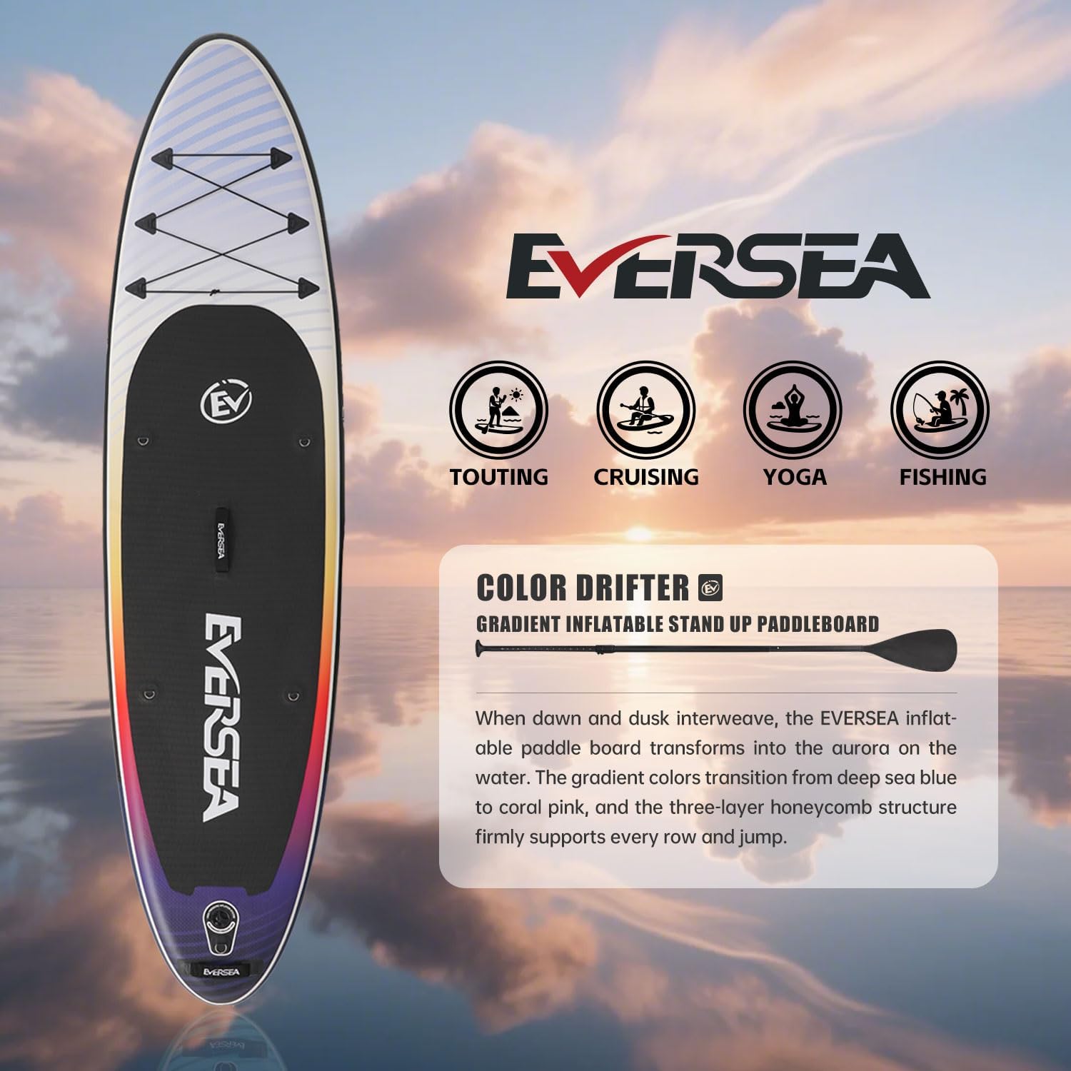 Standing Paddle Board, 10ft Inflatable  SUP Board All-Around Inflatable Paddle Board with SUP Accessories, Non-Slip Comfort EVA Deck, Dual PVC Layer, Color Drifter Stable Wide SUP for Youth & Adults