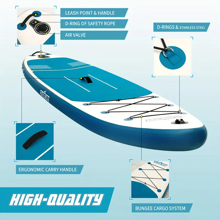 Inflatable paddle board and ISUP accessory set, designed for exploration and sightseeing, durable, lightweight, and stable with a wide sole, capable of bearing 300 pounds