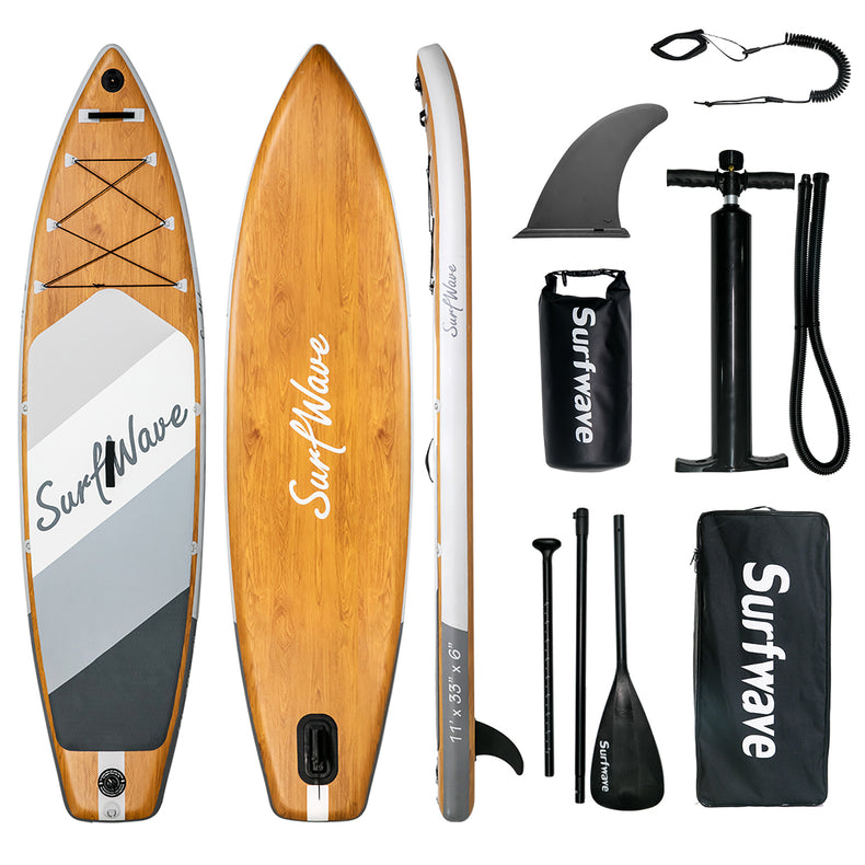 SUP-Board mit Holzmaserungsdesign, Stand-Up-Paddle-Board, 11 Fuß, umweltfreundliches, aufblasbares Stand-Up-Paddle-Board für Yoga und Angeln – extrem stabil, inklusive Pumpe und wasserdichter Tasche 